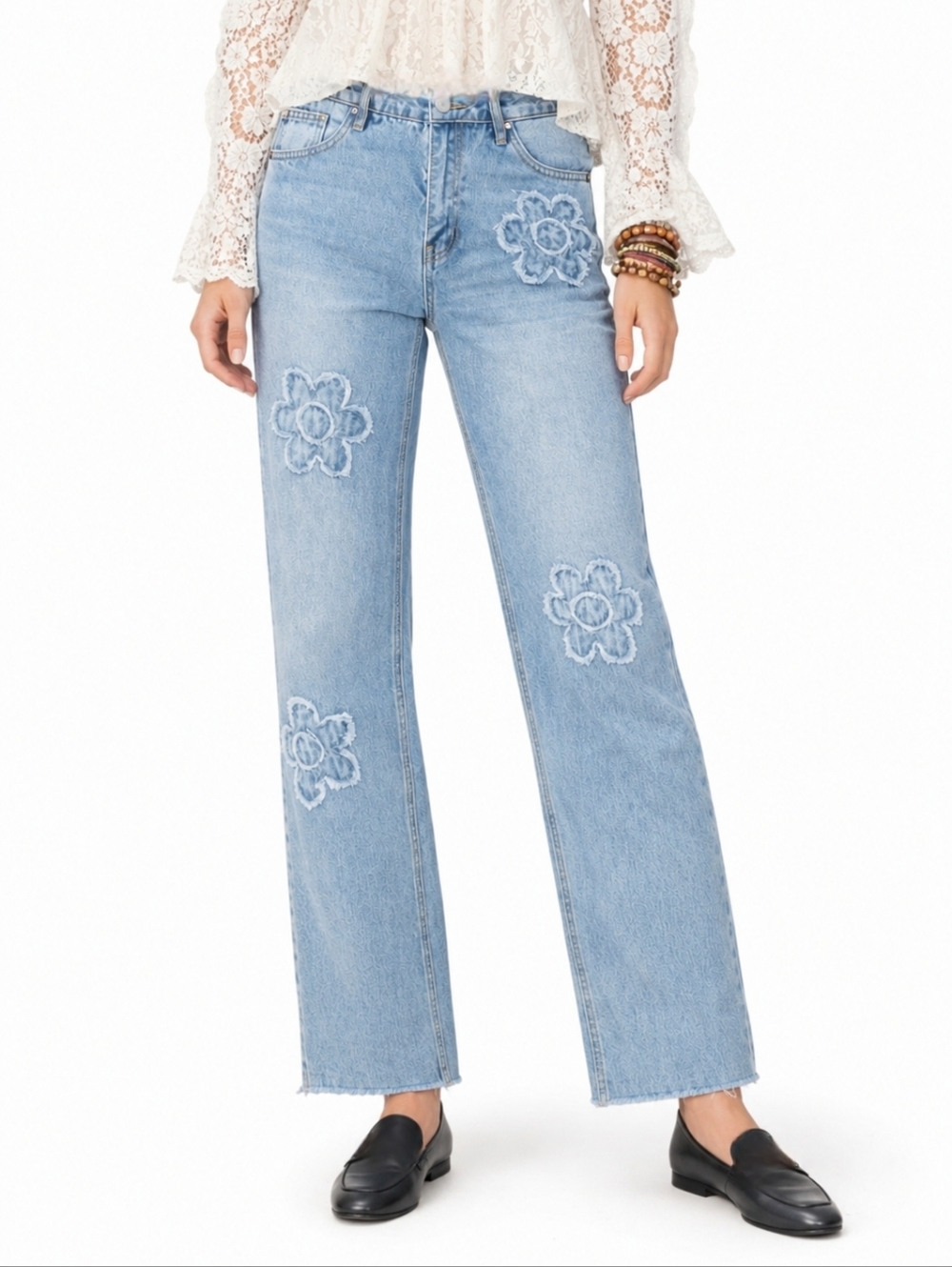 Whimsical Flower Patch Jeans Emroidered Straight Leg Cotton Mid Rise 29" Frayed